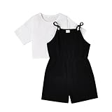 Cute Rompers For Girls 11-12 Years Old Jumpsuits Strap Adjustable V-neck Sleeveless+T-Shirt Summer Outfits with Side Pockets 2 Piece Set Black 11-12 Years