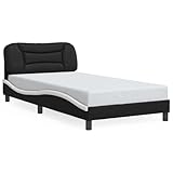 vidaXL Twin Size Bed Frame with LED Lights - Faux Leather Upholstered, Black and White, Metal/Pine Wood, Stylish Wave Design, LED Strip Included