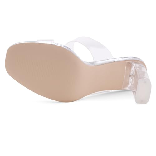 Image of Shoe Land Clear Heels for Women, Transparent Two Strap Chunky Block High Heel Mules, Slip On Square Toe Dressy Sandals for Wedding, Party, Prom