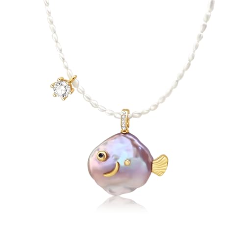 Fish Pearl Necklace for Women Freshwater Pearl Baroque Goldfish Necklace for Mom Daughter, 18k Gold-plated, 14-20mm Pearls, 18