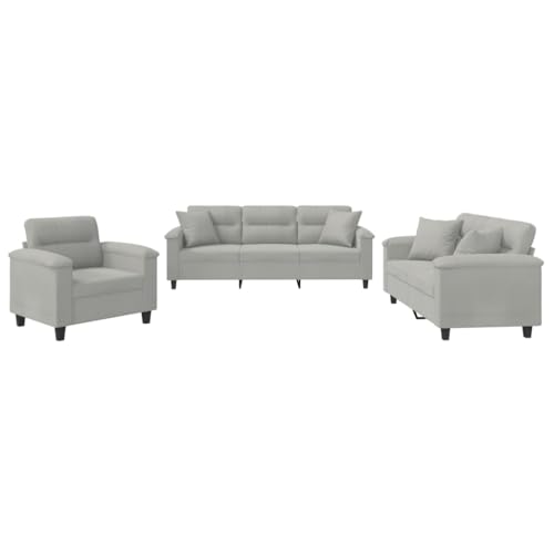 vidaXL Sofagarnitur 3-TLG., Sessel Couch mit Kissen, Sofa Wohnzimmersofa mit Armlehnen, Couchgarnitur Designsofa Sitzmöbel Polstermöbel, Hellgrau Mikrofasergewebe