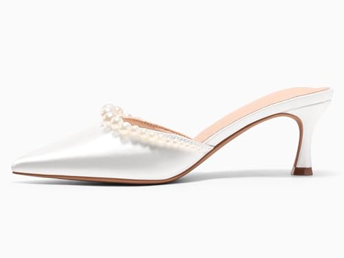 Image of Coutgo Womens Pearl Kitten Heels Closed Pointed Toe Wedding Bride Dress Shoes Ankle Strap Satin Pumps