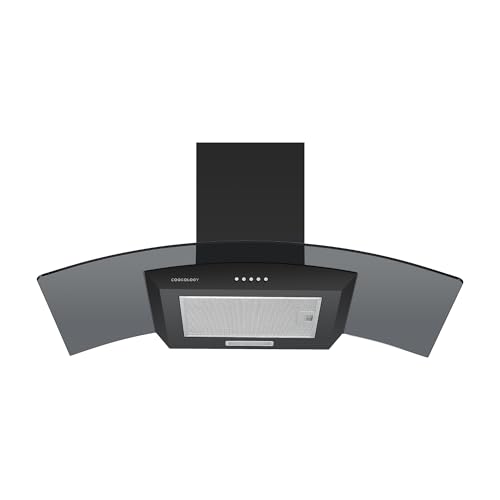 Cookology CGL900BK/A Cooker Hood Chimney Kitchen Extractor Fan 90cm, Recirculating & Ducting Wall Mounted, Curved Glass, Energy Rating A, 3 Speed Settings, LED, Adjustable Height - Black