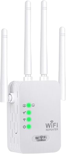 Repetidor WiFi Potente Amplificador de señal WiFi 1200Mbps,4 Antenas,2 Puertos LAN,Modo Repetidor/Router/Ap,Cobertura 360° de hasta 1000 m²,Adecuado para Oficinas y Casa,Fácil de Instalar (300M)