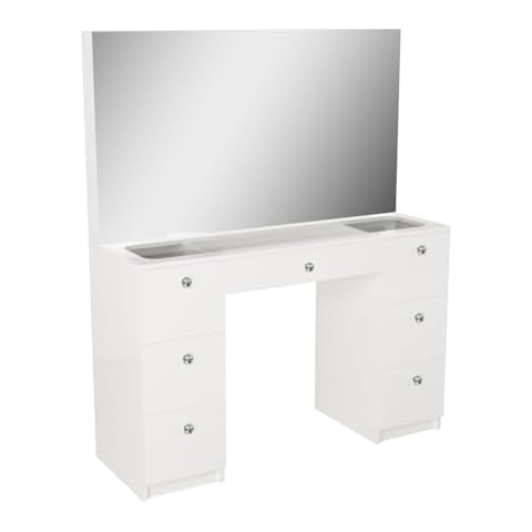 Boahaus Makeup Vanity Desk with 7 Drawers W/Crystal Knobs Venus, Glass Top, Hollywood Wide Mirror, LED Light Strip, White - for Bedroom Cover