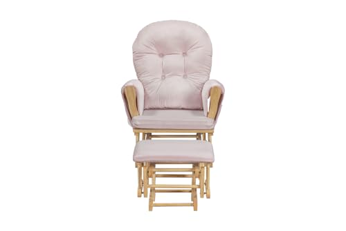 Image of Suite Bebe Mason Nursery Rocking Chair with Ottoman, Wooden Glider for Baby Nursing, Smooth Gliding Rocker, Natural Wood Finish and Pink Fabric