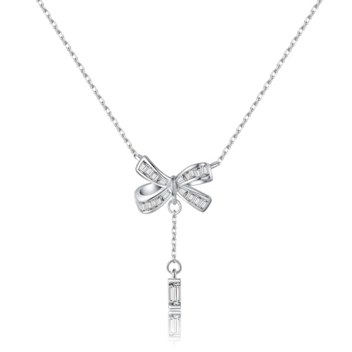 SLUYNZ Solid 925 Sterling Silver Bow Y Necklace for Women Teens CZ Bowknot Necklace Pendant