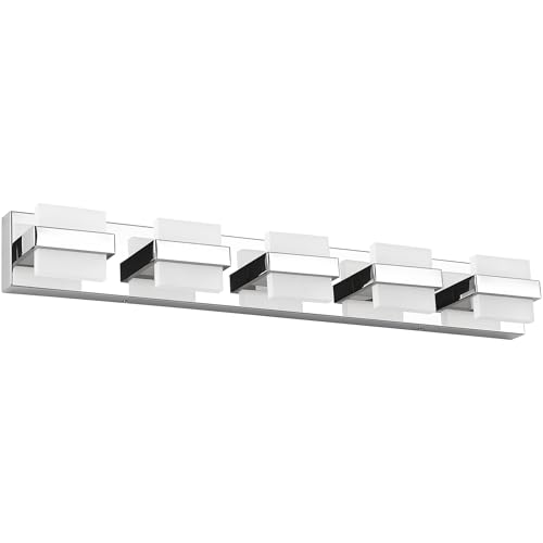 Image of SOLFART Chrome 5 Light Bathroom Vanity Lights Over Mirror, Modern Chrome Bathroom Light Fixtures LED Lights Dimmable