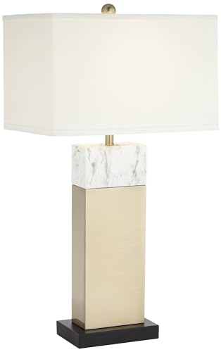360 Lighting 30" Tall Large Rectangular Modern End Table Lamp Gold Two-Tone Faux Marble Finish Single Linen White Shade 