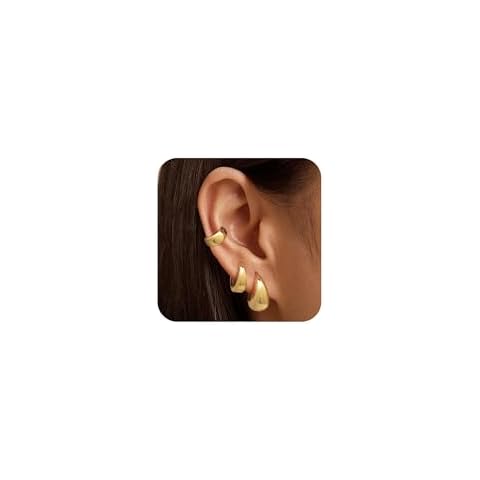 CHESKY Chunky Hoop Earrings for Women, 14K Gold Plated Trendy Cartilage Earrings Set Big Ear Cuff Earrings Non Piercing Open Hypoallergenic Huggie Hoop Earrings Simple Jewelry Gifts Cover