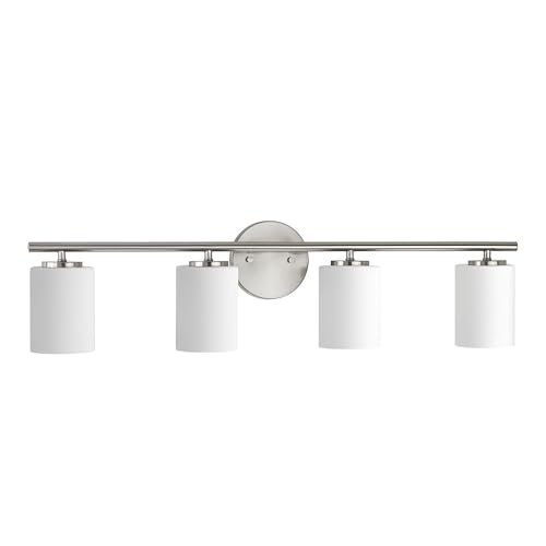 Image of Progress Lighting 4-Light Etched White Glass Modern Bath Vanity Light, Replay Collection, Brushed Nickel (P2160-09)