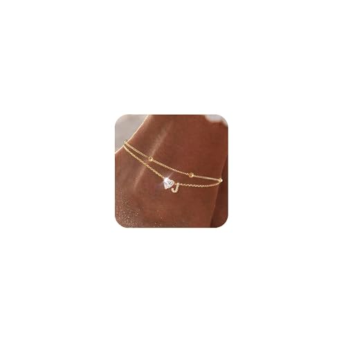 Ankle Bracelets for Women Waterproof 14K Gold Plated CZ Initial Anklet for Women Dainty Layered Letter Heart Ankle Bracelets Handmade Adjustable Foot Chain Anklet Summer Beach Jewelry