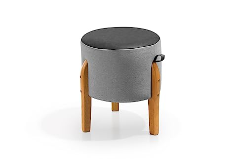 Puff Em Couro E Linho Pés Madeira Maciça 42x32 - Luma - Cor Cinza