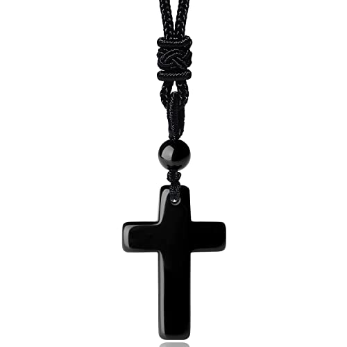 QINJIEJIE Cross Crystal Necklace Adjustable Black Rope Natural Gemstone Quartz Stone Necklaces for Men Women Father's Day Gift