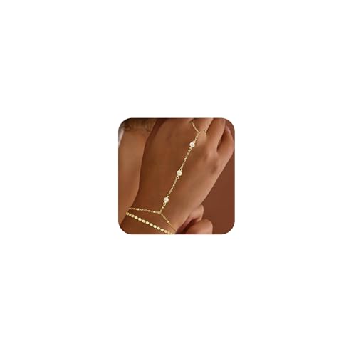 Gold Bracelets for Women Trendy, Dainty Gold Hand Chain Bracelets Stackable 14k Gold Plated Finger Ring Bracelet Hand Chain Cz Flower Layered Link Bracelets for Women Non Tarnish Jewelry Gifts