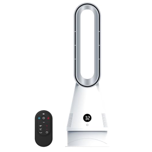 Calefactor y enfriador de aire, sin aspas, calefactor de 1600 W, ventilador de torre con 3 niveles de calor y 8 velocidades, oscilante de 80° con control remoto, temporizador de 8 h y pantalla LED
