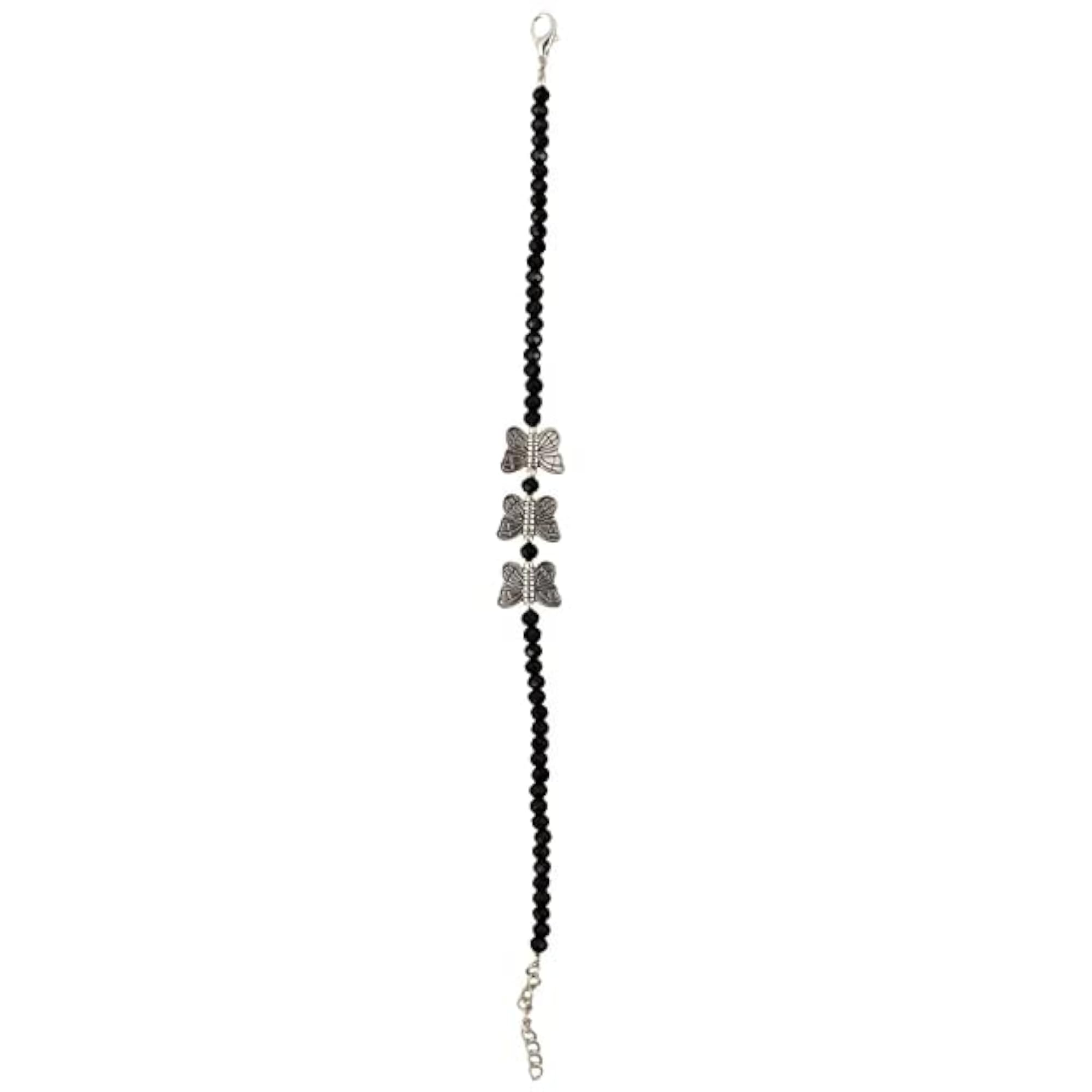 Trendy Black Beads with Silver Butterfly Chain Anklet