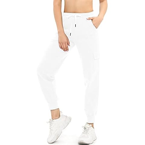 HAPYWER Women's Jogging Bottoms Cotton Long Elegant Casual Trousers High Waist Sports Trousers with 3 Pockets Cargo Trousers Sweatpants Sportswear Black Grey White, White, S Cover