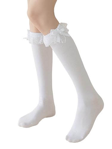 SRYL Women Girls Cotton Knee High Socks with Pearls Lace Ruffle, Calf Socks 1 Pairs-white(Lace Bow)