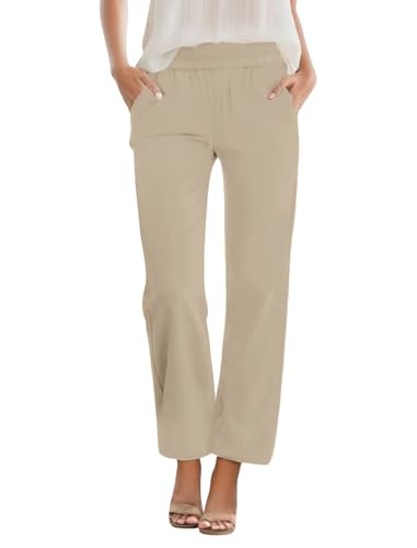 Womens Casual Summer Straight Leg Pants Elastic High Waist Beach Capris with Pockets