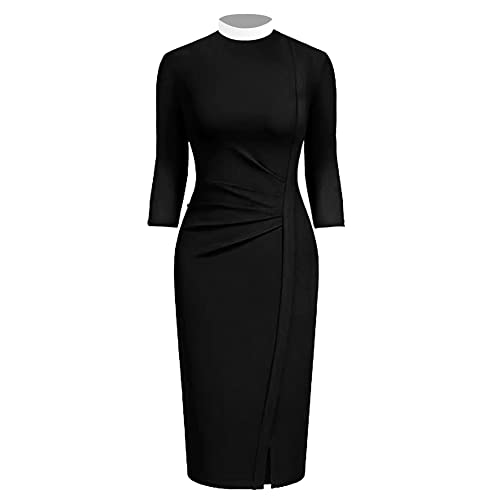 BLESSUME Catholic Church Women Clergy Mass Dress Black Wrap Ruched Split Dress Band Collar2