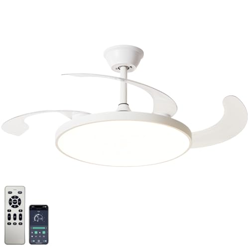 ZOMLBOF Ventilador de Techo con Luz Y Mando A Distancia, Reversibile 6 Velocidades Ceiling Fan With Light Regulable Silencioso Moderno Aspas De Ventilador Invisibles Dormitorio, Blanco 42IN