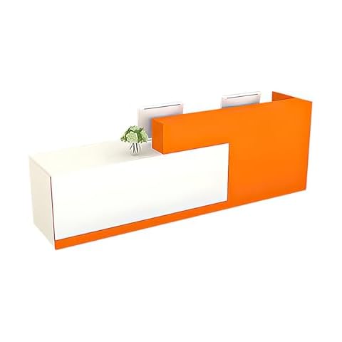 Modern Reception Desk with Hutch and Lockable Drawer & Keyboard, Office Wooden Computer Front Desk, Retail Counter Checkout Table (Orange - Right, 86.6" L*23.6" W*39.3" H) Cover