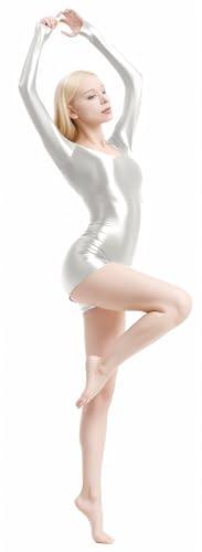 COSDOLY Womens Long Sleeve Shiny Silky Short Jumpsuit - Skinny One-Piece Bodysuit for Gymnastics water-based adventures