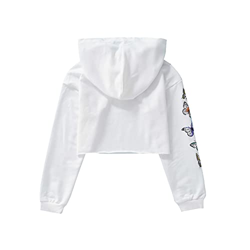 Moggemol Kids Girls Long Sleeve Crop Tops Hoodies Fashion Printed Hooded Sweatshirts Casual T Shirts White-Butterfly 16 #TOP1