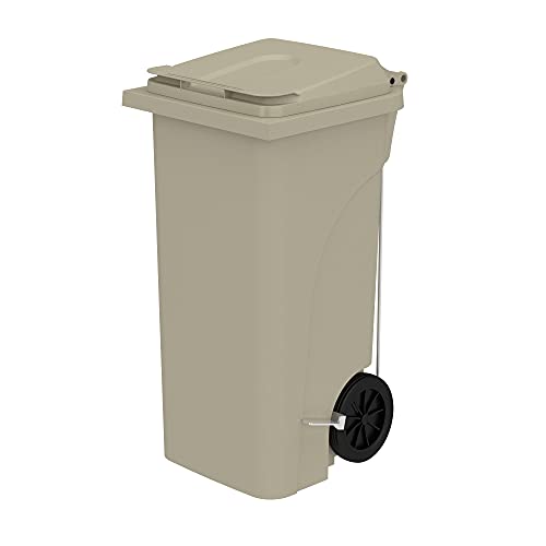 Safco Products 9926TN Rolling Mobile Plastic Step-On Trash Can for Hands-Free Disposal, Great for Home/Commercial Use, 32 Gallon, Tan #1