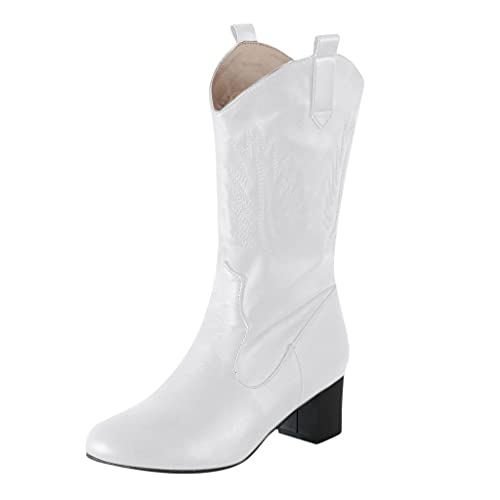 JoCome Bottes de Cowboy Femme Chunky Rayan,Femme Chaussures en Cuir Faux Talons Bas Knight,Cowgirl Hiver Bottines Rétro Combat,Rétro Classiques Chic Santiags, Blanc, 41 EU Cover
