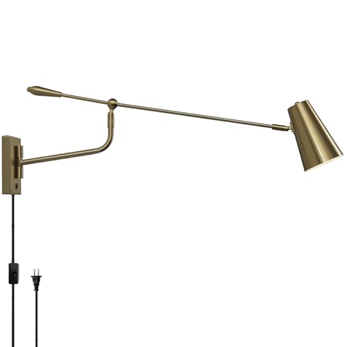Image of Rotatable Activity Adjustable Direction Swing Arm Wall Lamp, Dual Power Modes Plug-in /Hardwired, Indoor Large Gold Wall Mounted Lights for Bedroom Living Room Dining Room, E26 Bulb