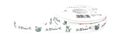 Tricot créations Ruban Taffeta Imprimé Chat Meow 15mm - Vendu au Mètre