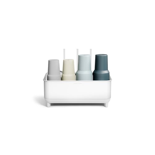simplehuman Bottle Dock, Fast Drying Bottle Rack with Steel Frame &amp; Diatomaceous Earth Base, Three-Compartment Organizer for Tumblers, Caps &amp; Straws, Built-in Straw Holder, White