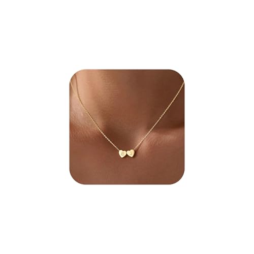 Turandoss Heart Initial Necklaces for Women - Double Heart Initial Pendant Dainty 14K Gold Plated...
