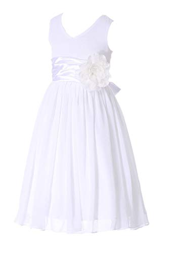 Bow Dream Flower Girl Dress Junior Bridesmaids V-Neckline Chiffon White 16