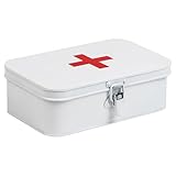 Mind Reader First Aid Box, Emergency Kit, Medical Supply Organizer, Vintage, Buckle Lock, Metal, 9.25'L x 6'W x 3'H, White