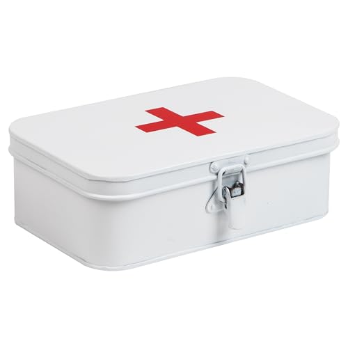 Mind Reader First Aid Box, Emergency Kit, Medical Supply Organizer, Vintage, Buckle Lock, Metal, 9.25'L x 6'W x 3'H, White