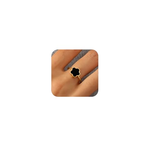 XAYAH Dainty Lucky Leaf Flower Ring for Women 925 Sterling Silver Black Onyx Halo Ring 14K Gold Plating Stackable Ring Creative Ring to Daughter Mom Wedding Season Jewelry Gift for Her Size 6-9