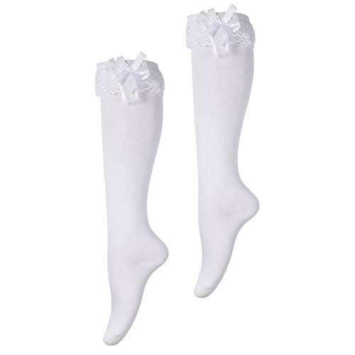 Teaaha White Knee High Socks with Bow, Women's Soft Solid Lace Thigh High Stocks Cotton Socks Lovely and Cute Lace Ruffle Bow Girls Princess Socks over the Knee Tube Socks High Stockings