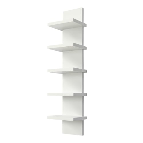Hlimior 5 Tier Wall Shelf Unit - Narrow Smooth Laminate Finish - Vertical Column Wall Decor Mount Floating Storage Home Decor Organizer Tall Tower Utility Shelf for Bedrooms Living Rooms(White)