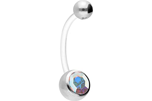 PIERCINGLINE Piercing de nombril flexible en téflon - Pour la grossesse - Avec boule en acier chirurgical et cristal - Peut être raccourci - Disponible en 7...