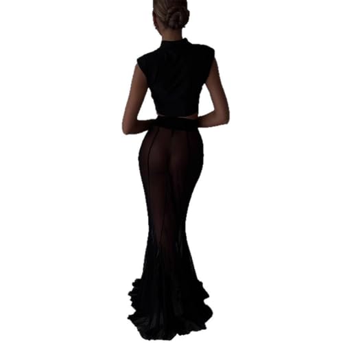 Womens Sexy 2 Pieces Solid Color Blazer Top Stretch Mesh See Through Dress Business Dress Set2