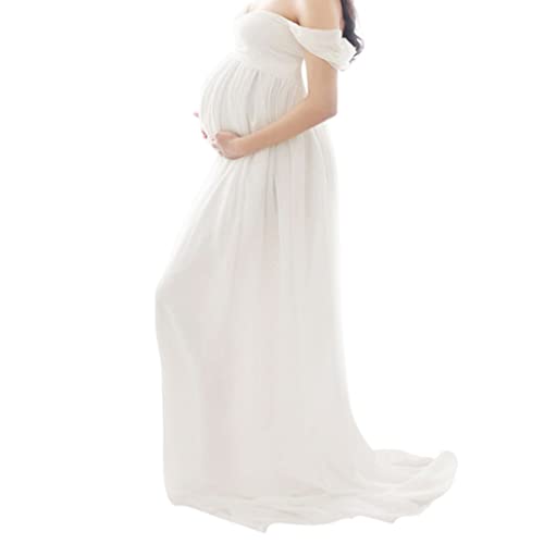 BEAHING Ropa de fotografía de Maternidad, Vestido de Maternidad Lady Chiffon Off Shoullo Photography Maxi Vestido Madre Vestido Trasero, Vestido de Gasa de Maternidad, White XL