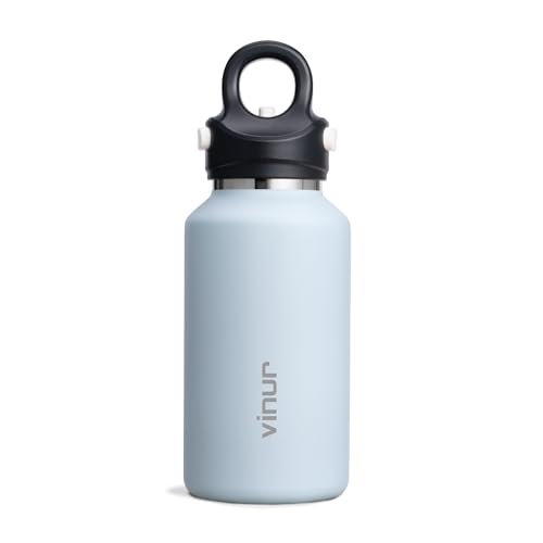 Image of Vinur 12 oz Insulated Water Bottle for Kids School - Leak Proof Stainless Steel Travel Water Bottle with Push Button Lid | One-Hand Operation | Cup Holder Friendly, Blue