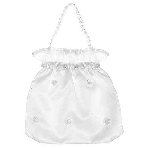 SEWACC Satin Bridal Wedding Money Bag 1Pc White Bridal Bridesmaid Satin Flower Decorated Dolly Bag with Pearl- Embellished Floral Lace Cover