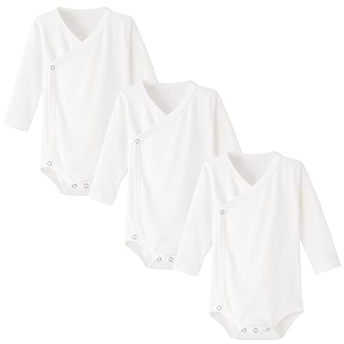 ACESTAR Baby Boy Girl Side Snap Bodysuits - 100% Cotton Plain Long Sleeve Baby Kimono for Newborn-12 Months, 3 Pack
