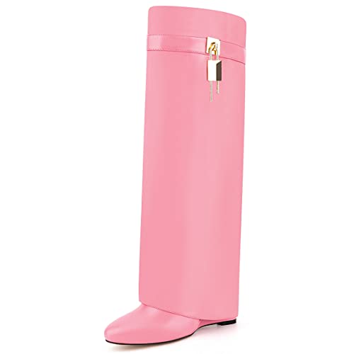 Image of Fold Over Boots for Women Pointy Pull-on Wedge Heel Knee Shark Boot With Side Zipper Padlock Design