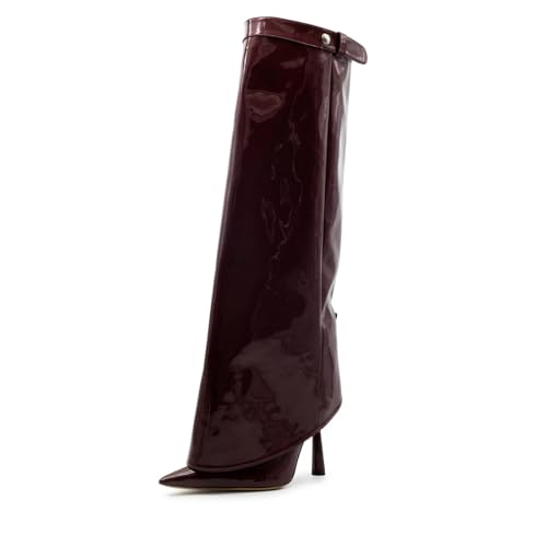 Image of Goolita Fold Over Boots For Women, Pointed Toe Stiletto Heel Knee High Boots Fashion Comfortable Slip On Tall Boots