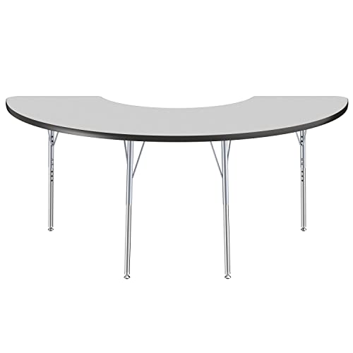 Image of FDP Half Moon Activity School and Office Table (36 x 72 inch), Standard Legs with Swivel Glides, Adjustable Height 19-30 inches - Gray Top, Black Edge, Silver Legs